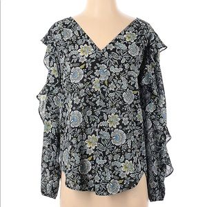 LOFT Navy Blue Long-Sleeve V-Neck Floral Blouse with Ruffles — Size L